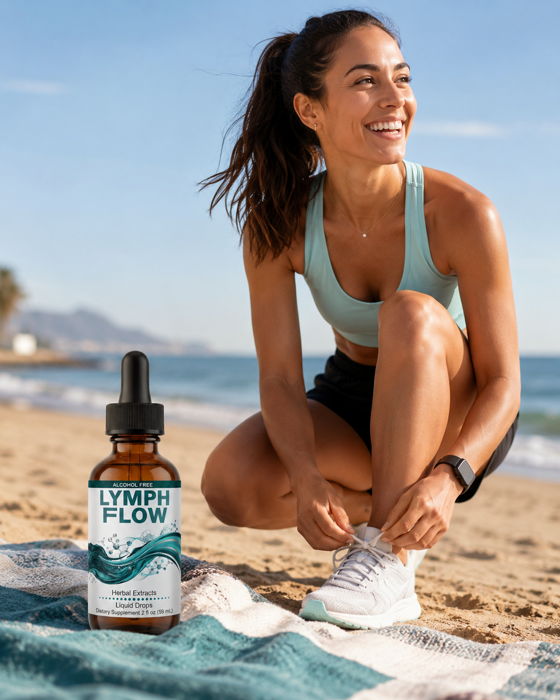 Happy athletic young woman on the beach with Lymph Flow nearby