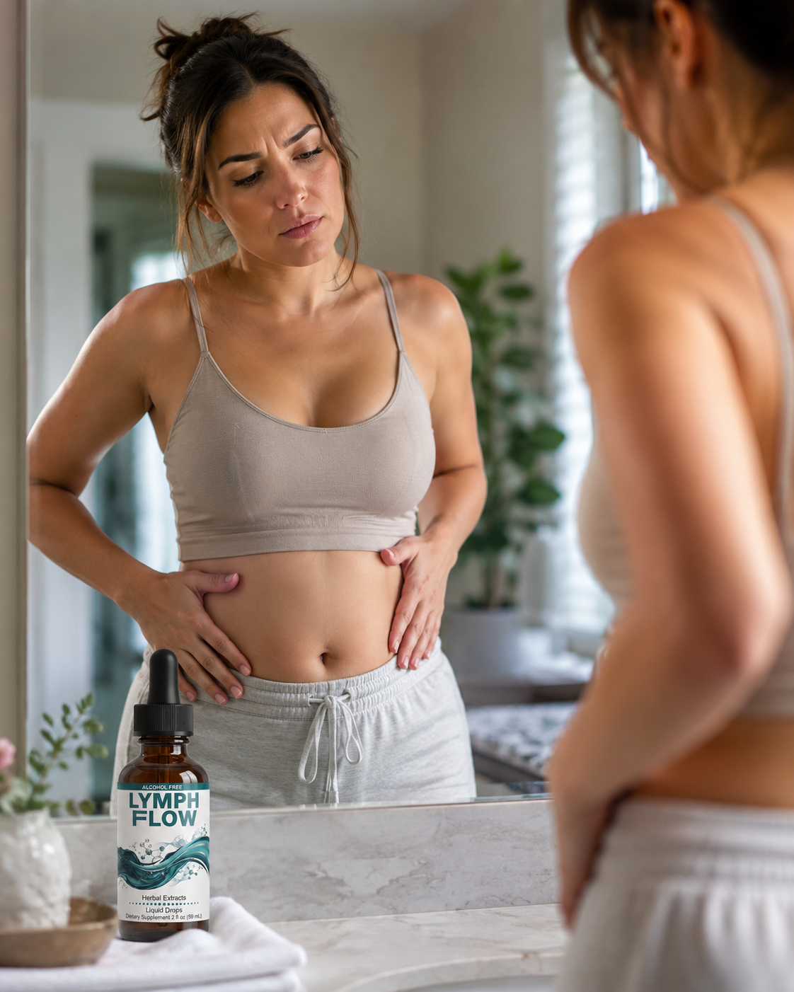 Woman looking concerned about bloating in the mirror with Lymph Flow on the counter