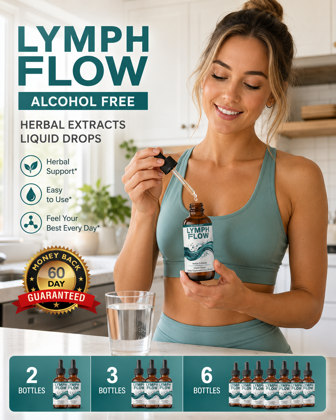 Athletic young woman in the kitchen preparing Lymph Flow with a dropper
