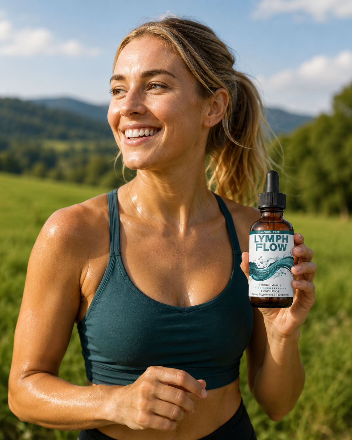 Athletic young woman in a field holding Lymph Flow after exercise